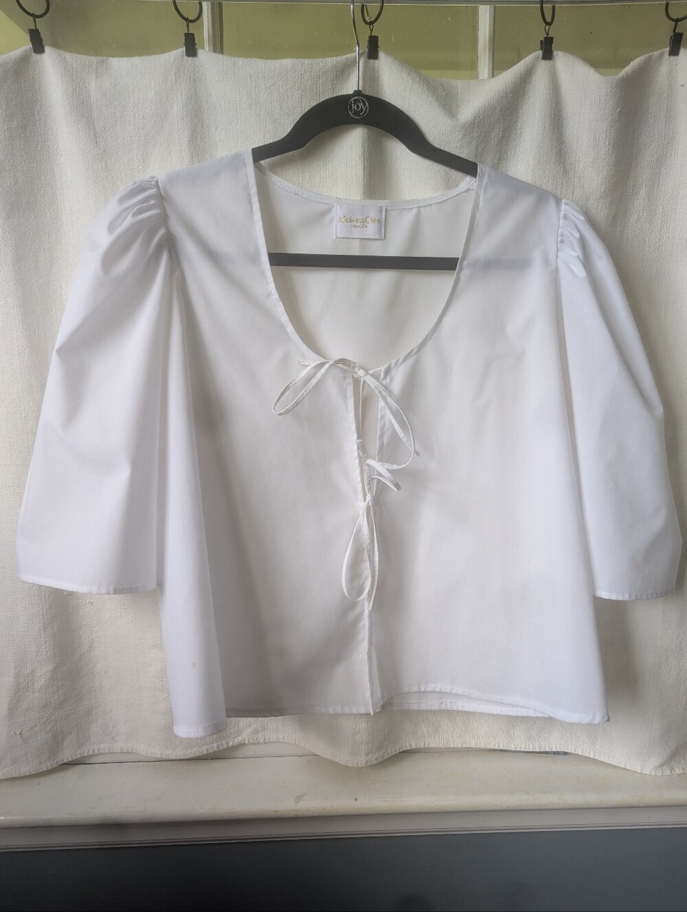 Maison Cleo White Two Tie Puff Sleeve Cotton French Blouse